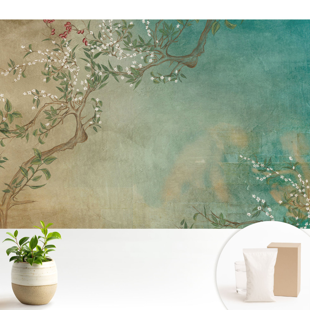 Tapeta do obývacího pokoje s rustikálním motivem větví, květin a bobulí