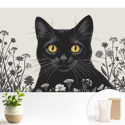 Samolepící tapeta Černá kočka se žlutýma očima mezi květinami