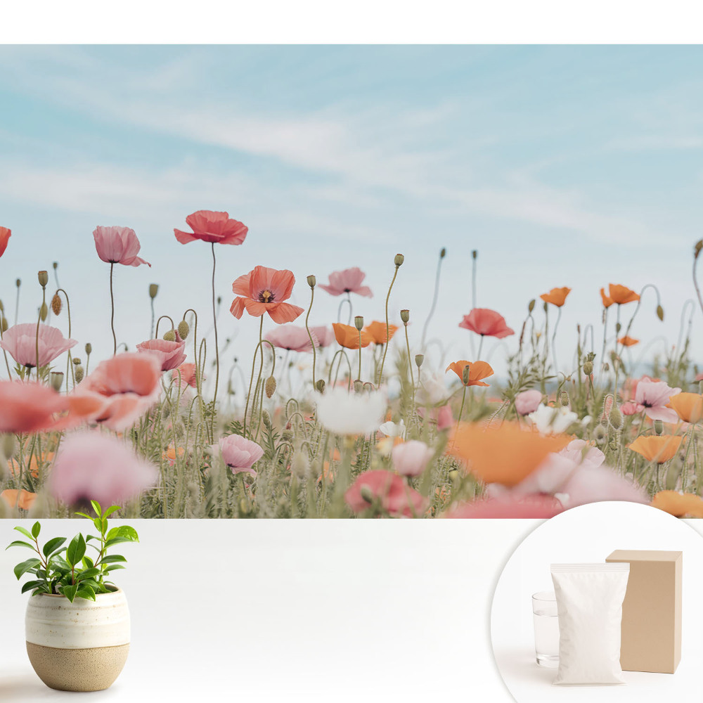 Tapeta do obývacího pokoje s motivem barevných máků na modré obloze