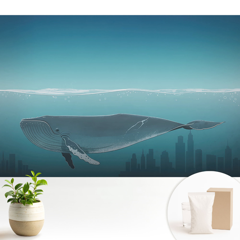 Tapeta do obývacího pokoje s motivem velryby a města při západu slunce