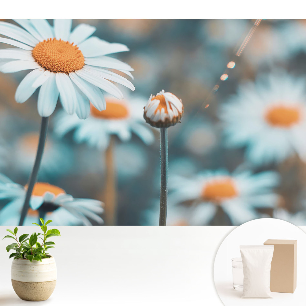 Samolepící tapeta s jemným motivem květů heřmánku evokujícím klid