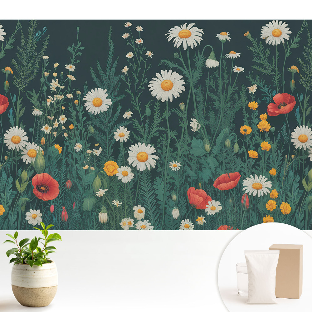 Tapeta s motivem louky plné květin evokující letní klid