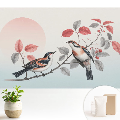 Tapeta do obývacího pokoje s motivem ptáků na větvi v harmonické kompozici