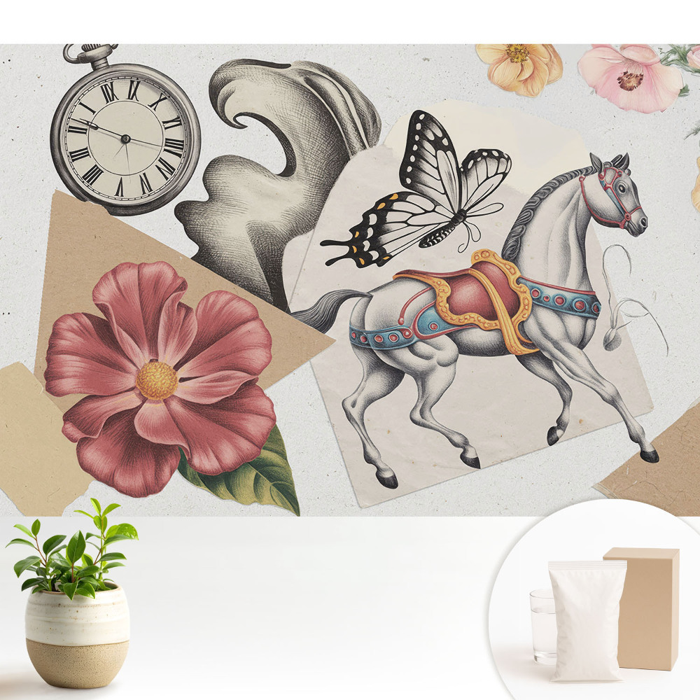 Tapeta do obývacího pokoje s vintage vzorem koně a květin