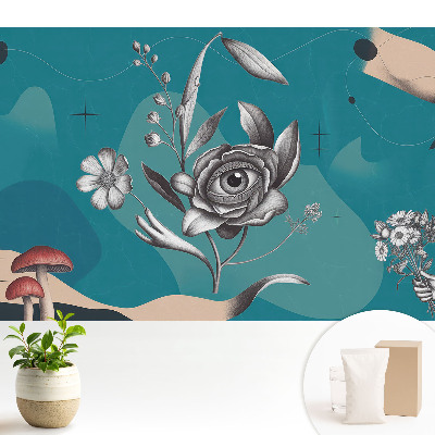 Tapeta do obyvaku Surrealistická koláž s květinami.