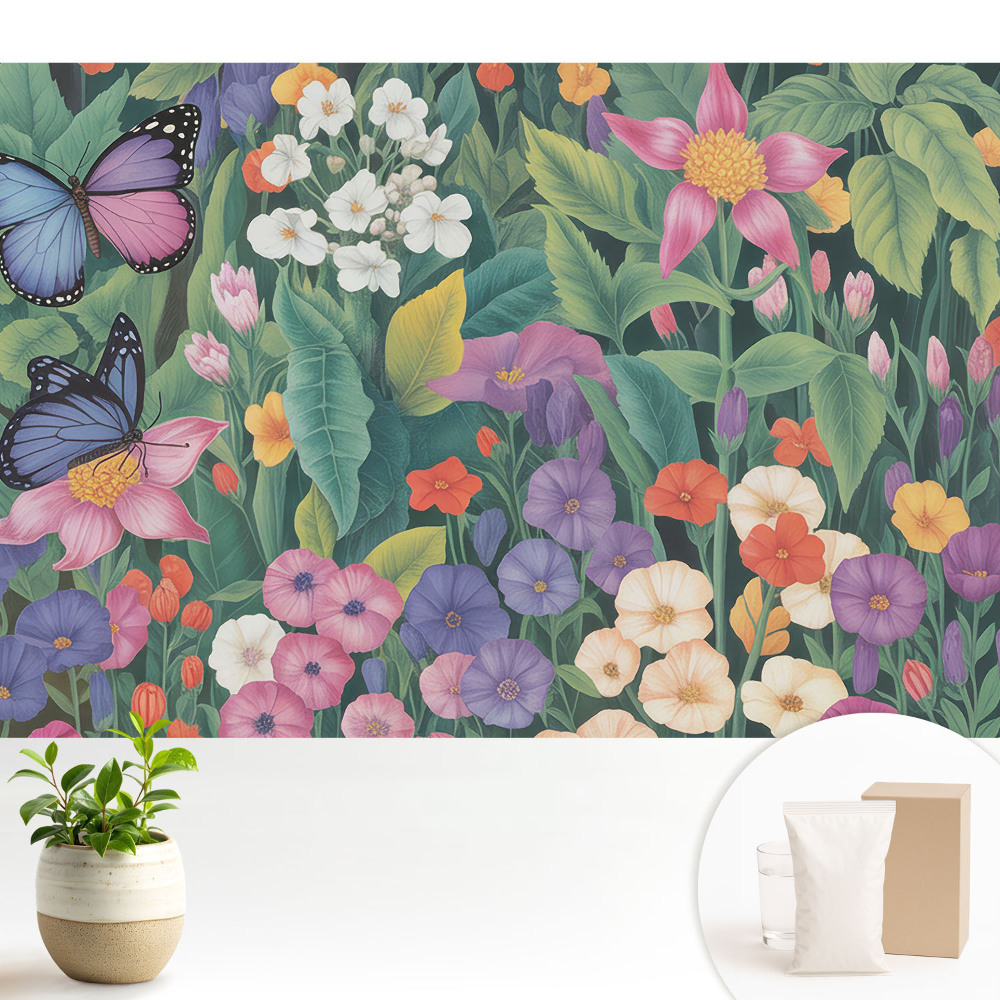 Tapeta na zeď s motivem barevné louky plné květin a motýlů