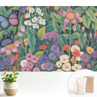 Tapeta na zeď s motivem barevné louky plné květin a motýlů