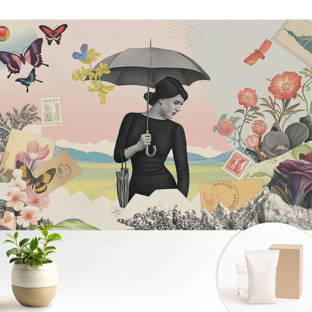 Tapeta do obývacího pokoje s barevnou koláží v retro surrealistickém stylu