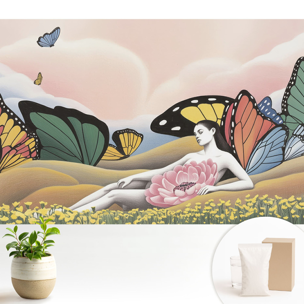 Tapeta na zeď s motivem barevných motýlů na louce se ženou