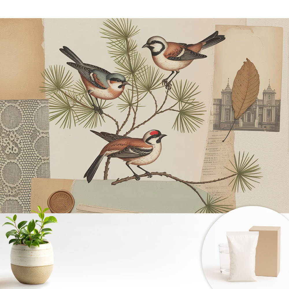 Tapeta do obývacího pokoje s motivem ptáků na větvi ve vintage koláži