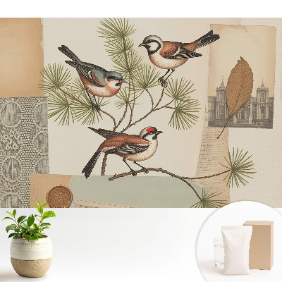 Tapeta do obyvaku Ptáci na větvi vintage koláž
