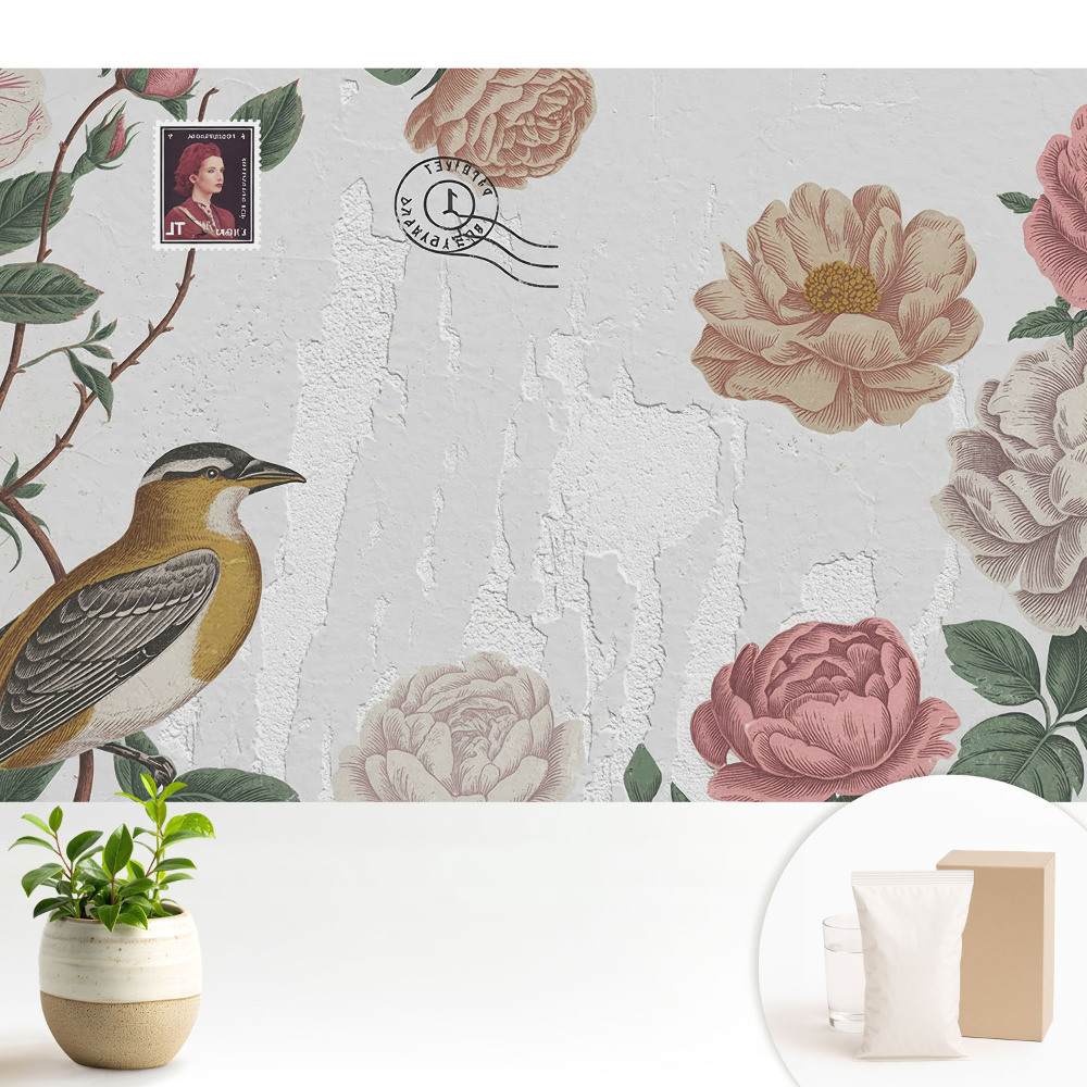 Tapeta s motivem květin a ptáků na stěnu