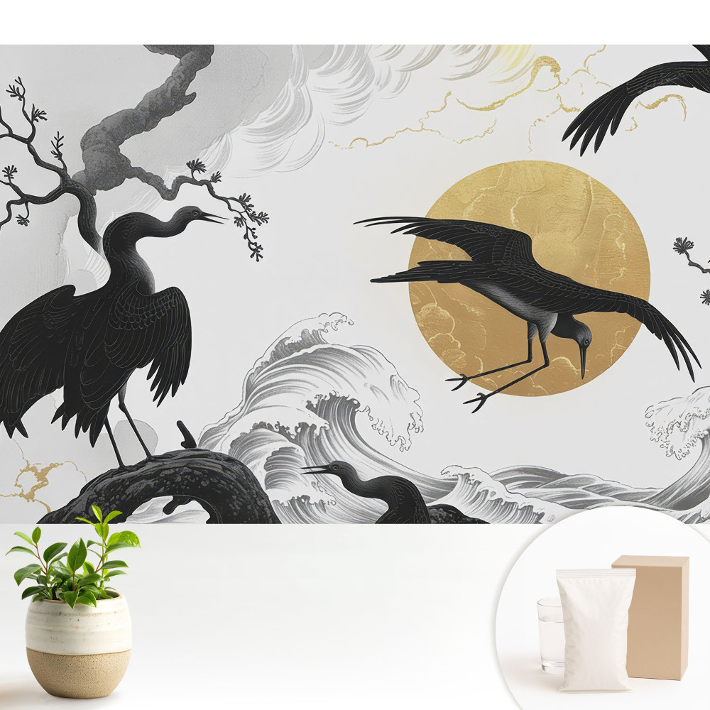 Samolepící tapeta s motivem minimalistických ptáků a vln se zvýrazněným kruhem