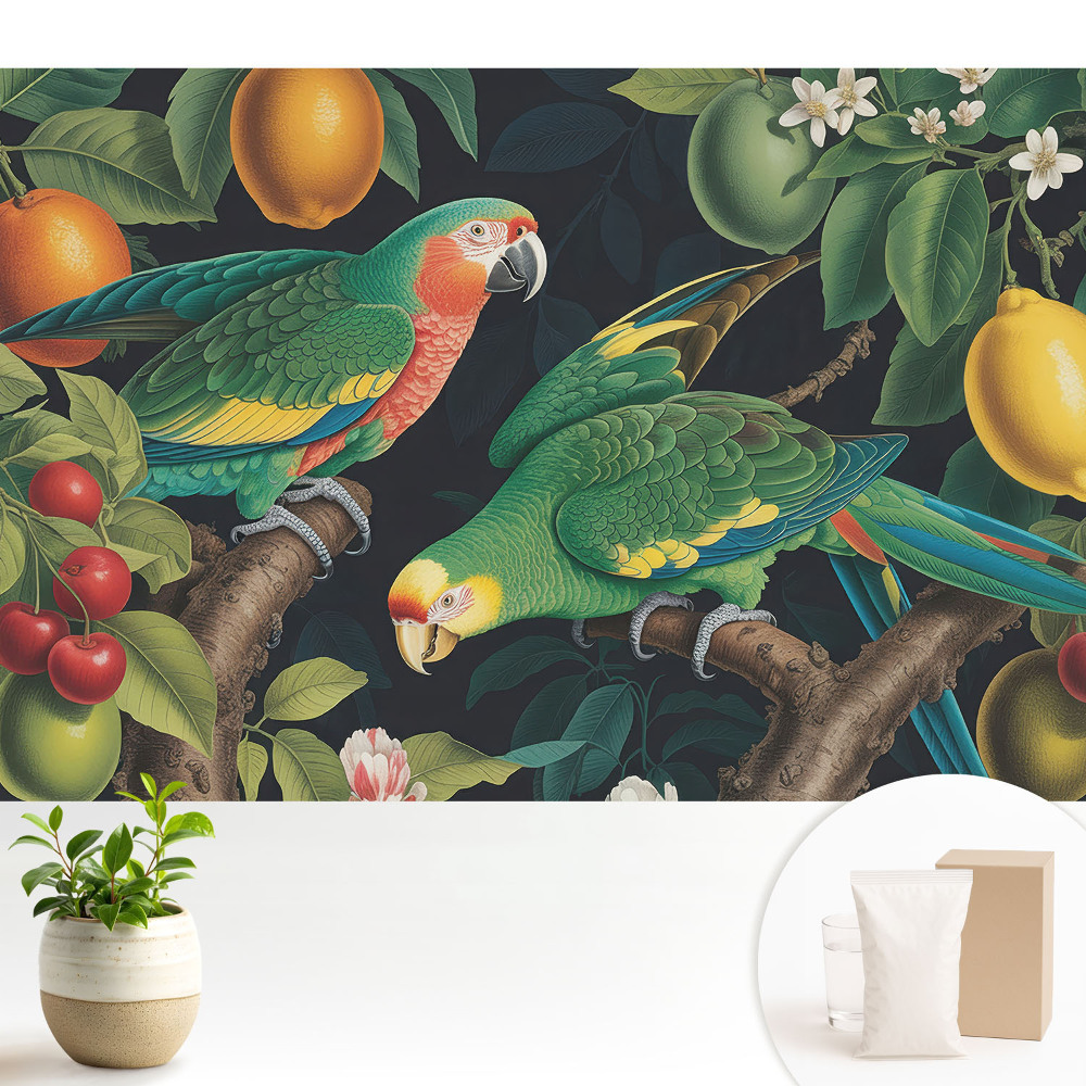 Tapeta na zeď s exotickým motivem papoušků a ovoce