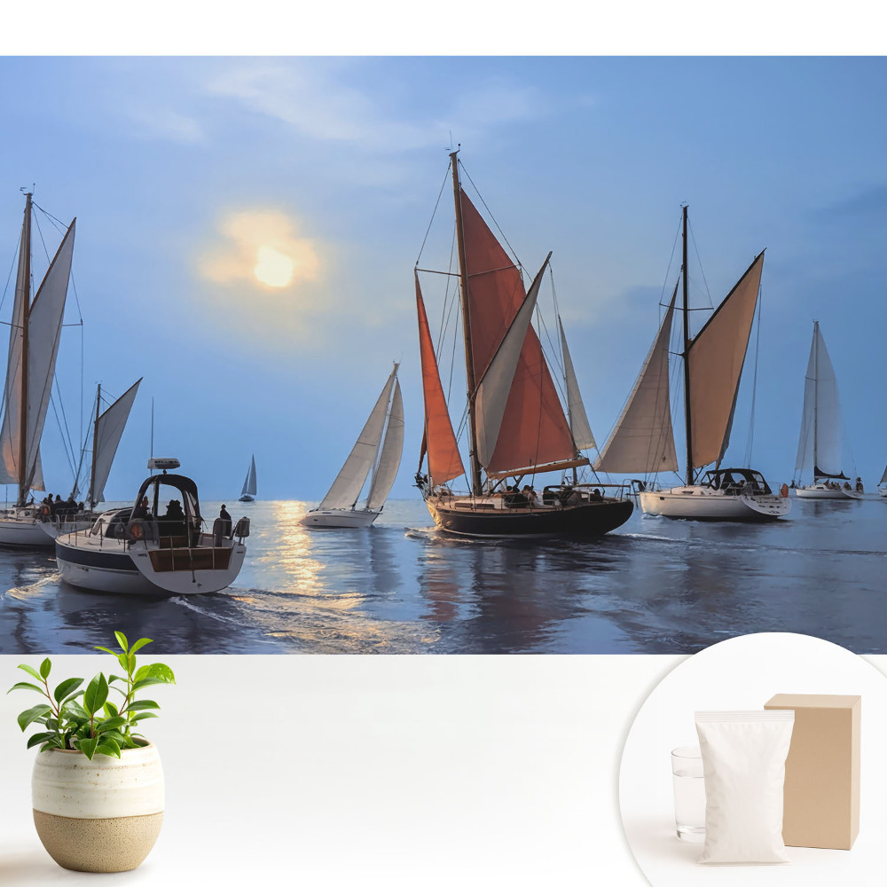 Samolepící tapeta s motivem jachet a západu slunce na klidném moři