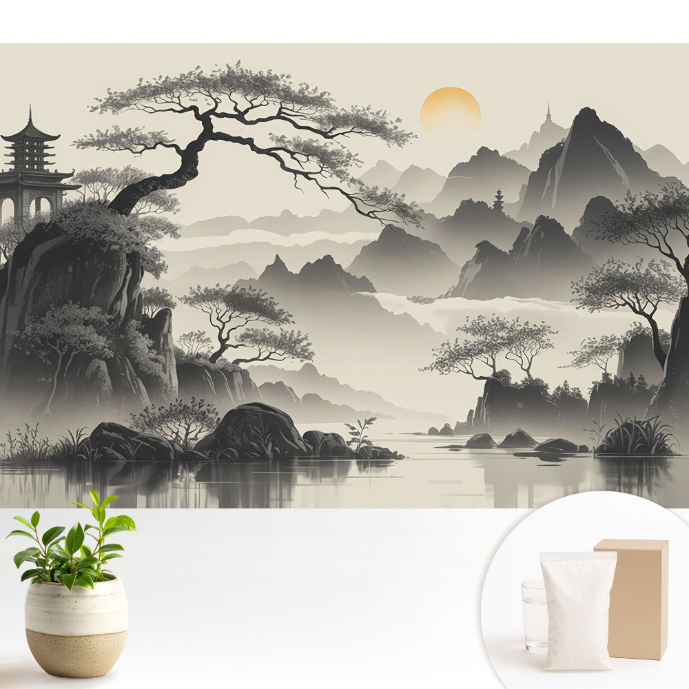 Tapeta do obývacího pokoje s mlžnou orientální krajinou