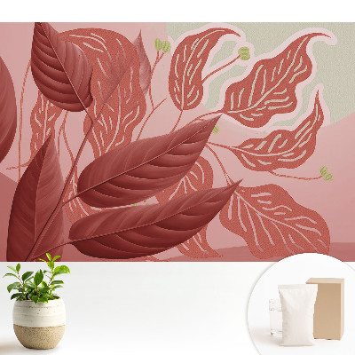 Samolepící tapeta s motivem červených listů na růžovém pozadí
