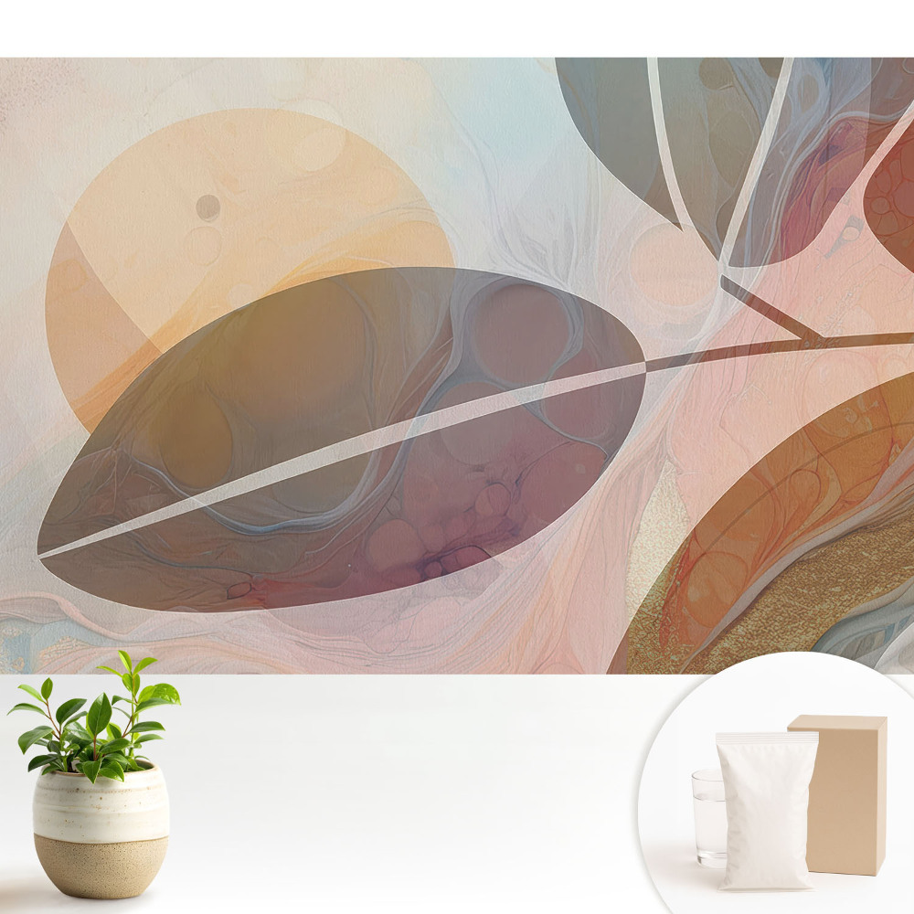 Tapeta na zeď s abstraktním motivem listů a kruhů