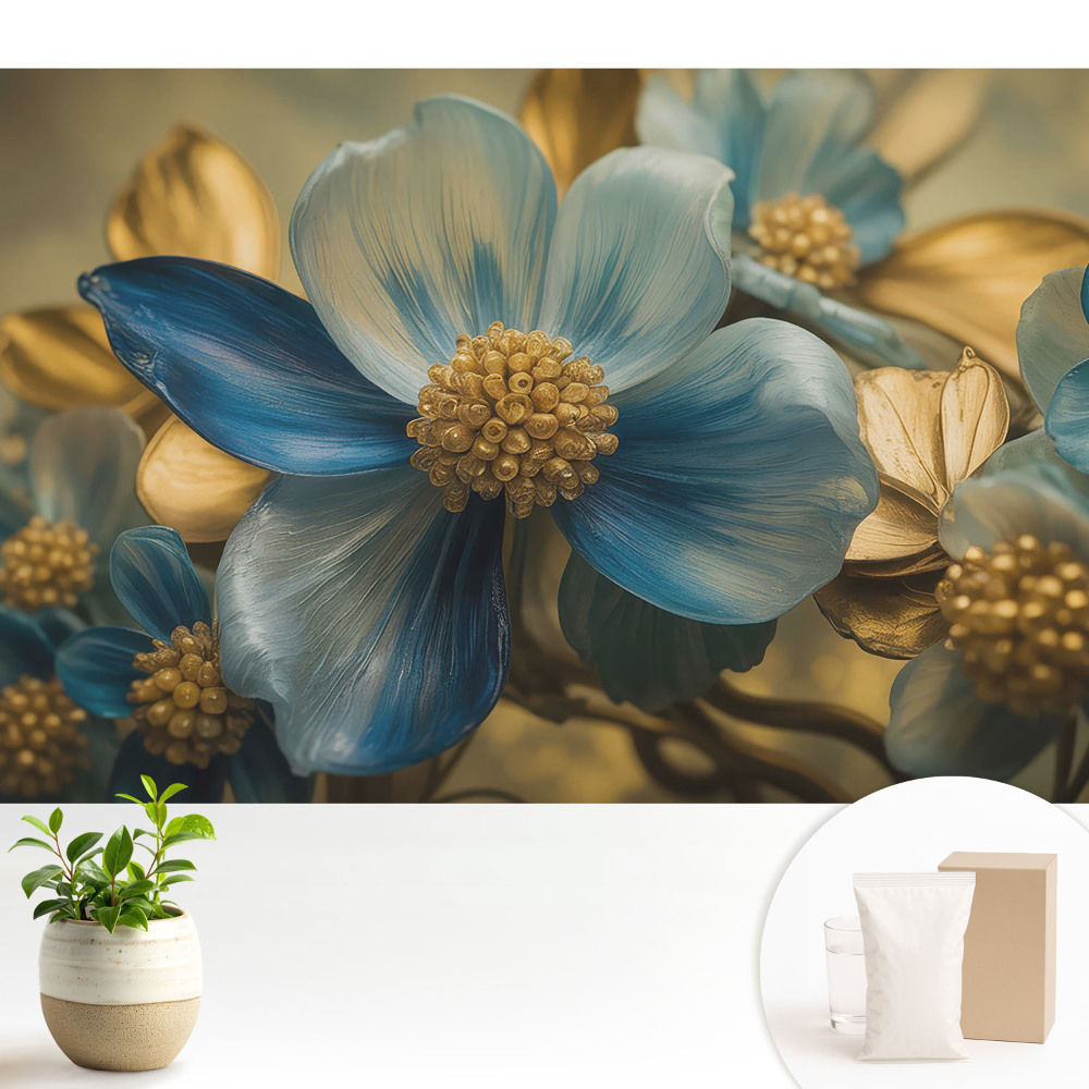 Tapeta na zeď s modrými květy se žlutým středem