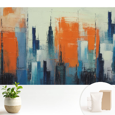 Tapeta do obývacího pokoje s abstraktním motivem budov v živých barvách
