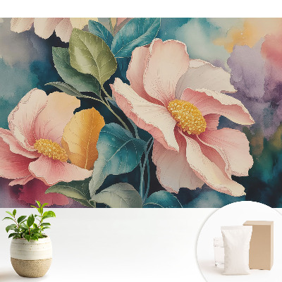 Tapeta do obyvaku Pastelové květiny s listy ve stylu akvarelu
