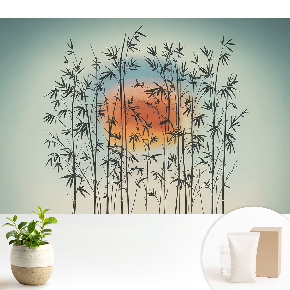 Tapeta do obývacího pokoje s motivem harmonického západu slunce a bambusových výhonků