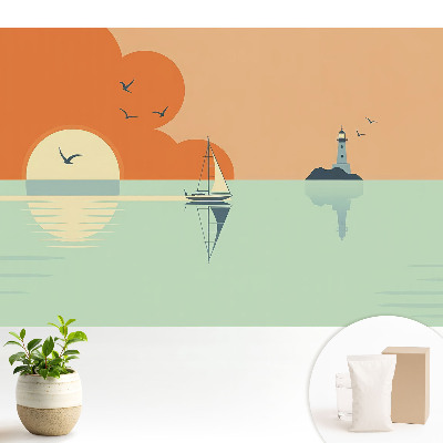 Tapeta do obyvaku Plachetnice a maják na pozadí východu slunce