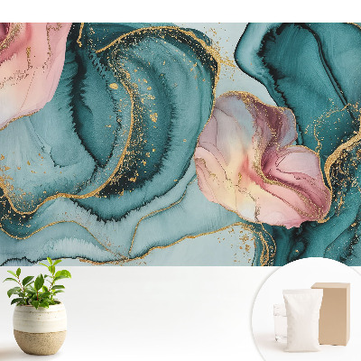 Tapeta do obývacího pokoje s abstraktním vzorem zelených a růžových vln