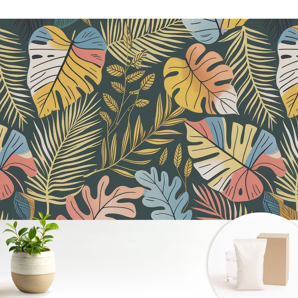 Samolepící tapeta s motivem barevných tropických listů na tmavém pozadí