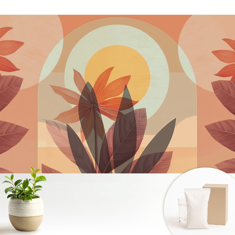 Tapeta do obývacího pokoje s květinovým abstraktním motivem v symetrickém provedení a teplých odstínech