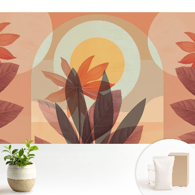 Tapeta do obývacího pokoje s květinovým abstraktním motivem v symetrickém provedení a teplých odstínech