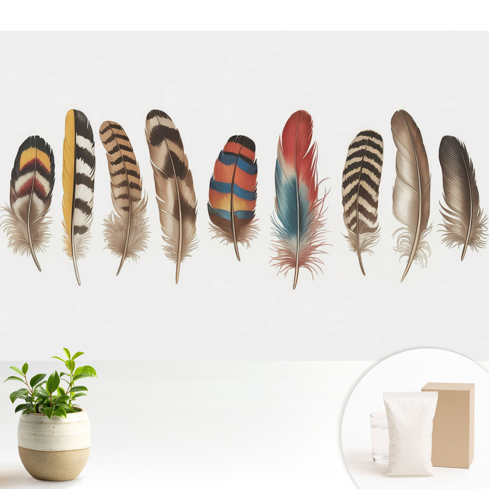 Samolepící tapeta s motivem barevného peří v boho stylu