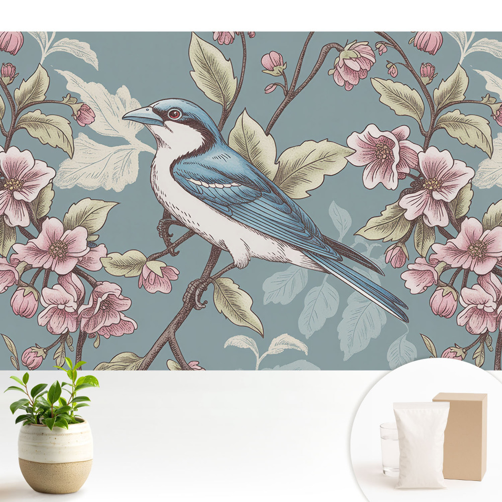 Tapeta na zeď s motivem ptáka a kvetoucích větví třešní