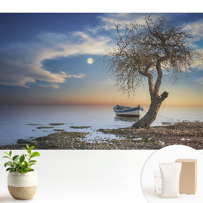 Tapeta do obývacího pokoje s motivem romantického západu slunce s lodí a stromem