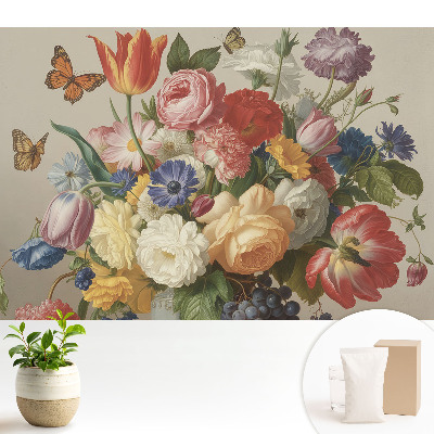 Tapeta na zeď s barevnou kyticí květin a motýly