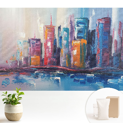 Tapeta do obývacího pokoje s abstraktním městským motivem v barevném provedení