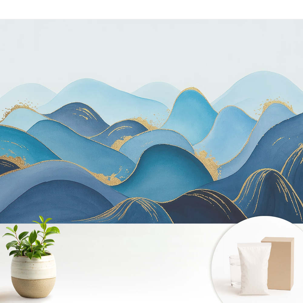 Tapeta na zeď s motivem modrých vln a žlutým akcentem