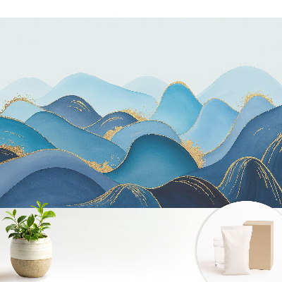 Tapeta na zeď s motivem modrých vln a žlutým akcentem