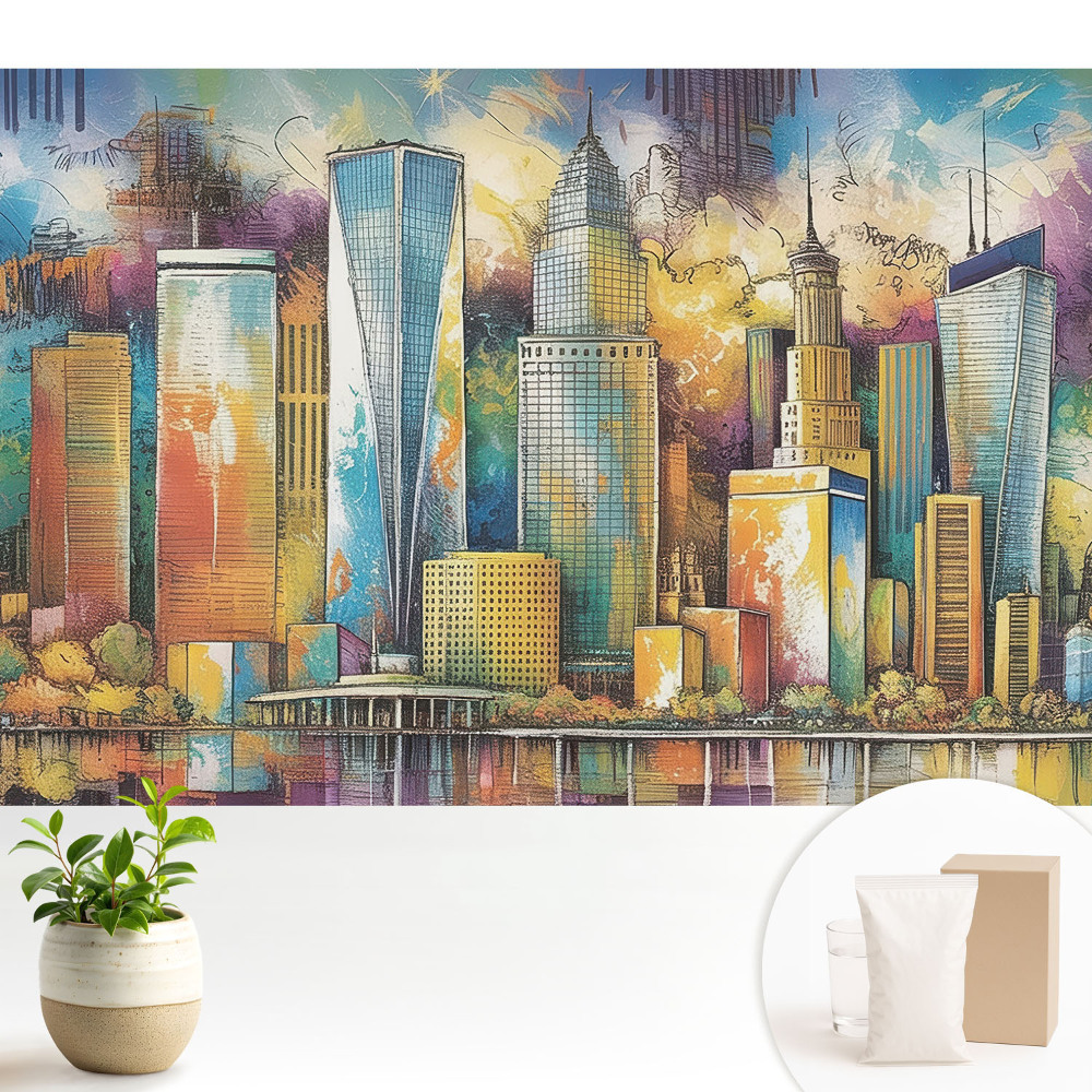 Tapeta do obývacího pokoje s motivem barevných mrakodrapů a městské energie