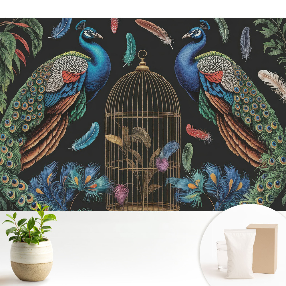 Tapeta na zeď se vzorem pávů a vintage klece