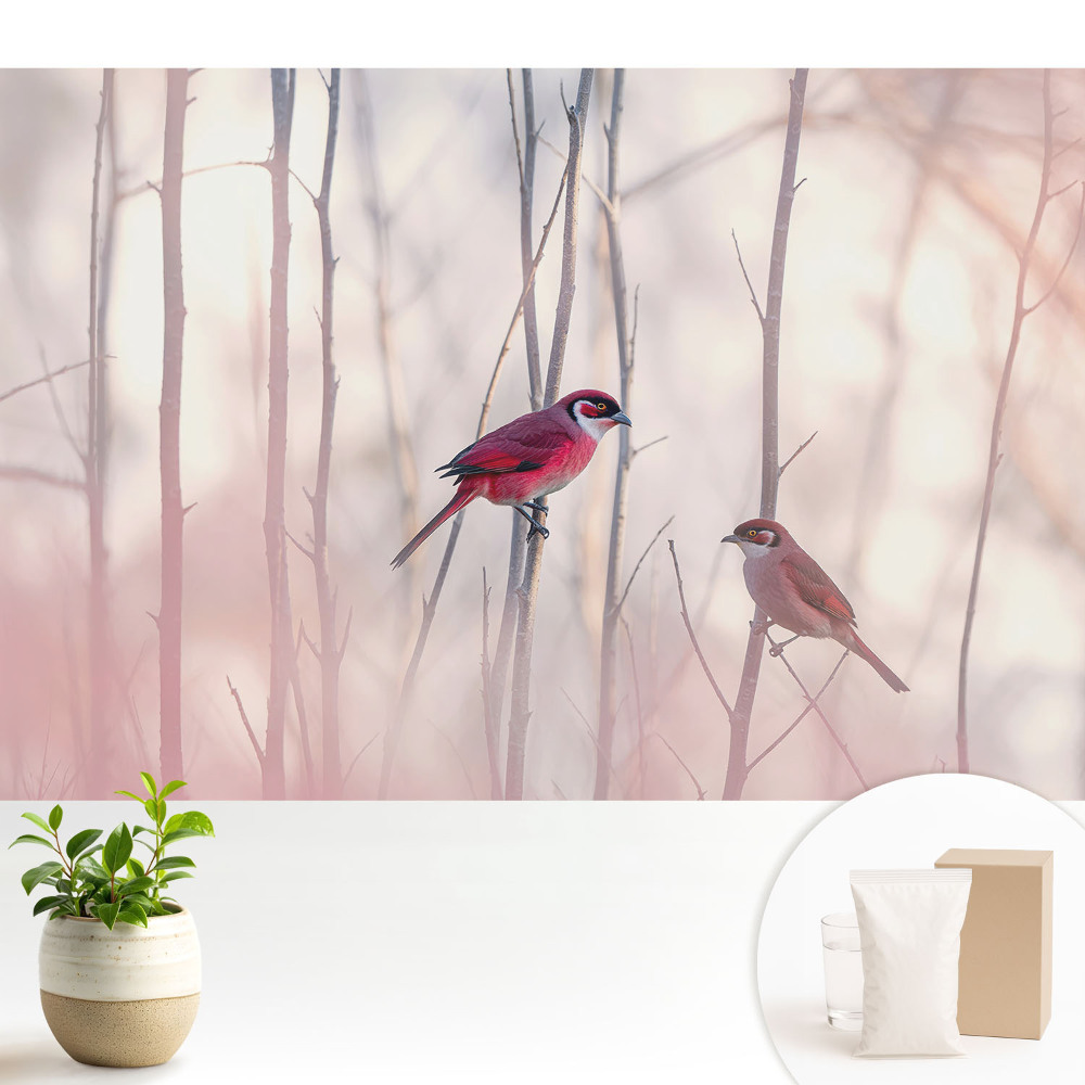 Tapeta na zeď Roztomilí ptáci v růžovém lese