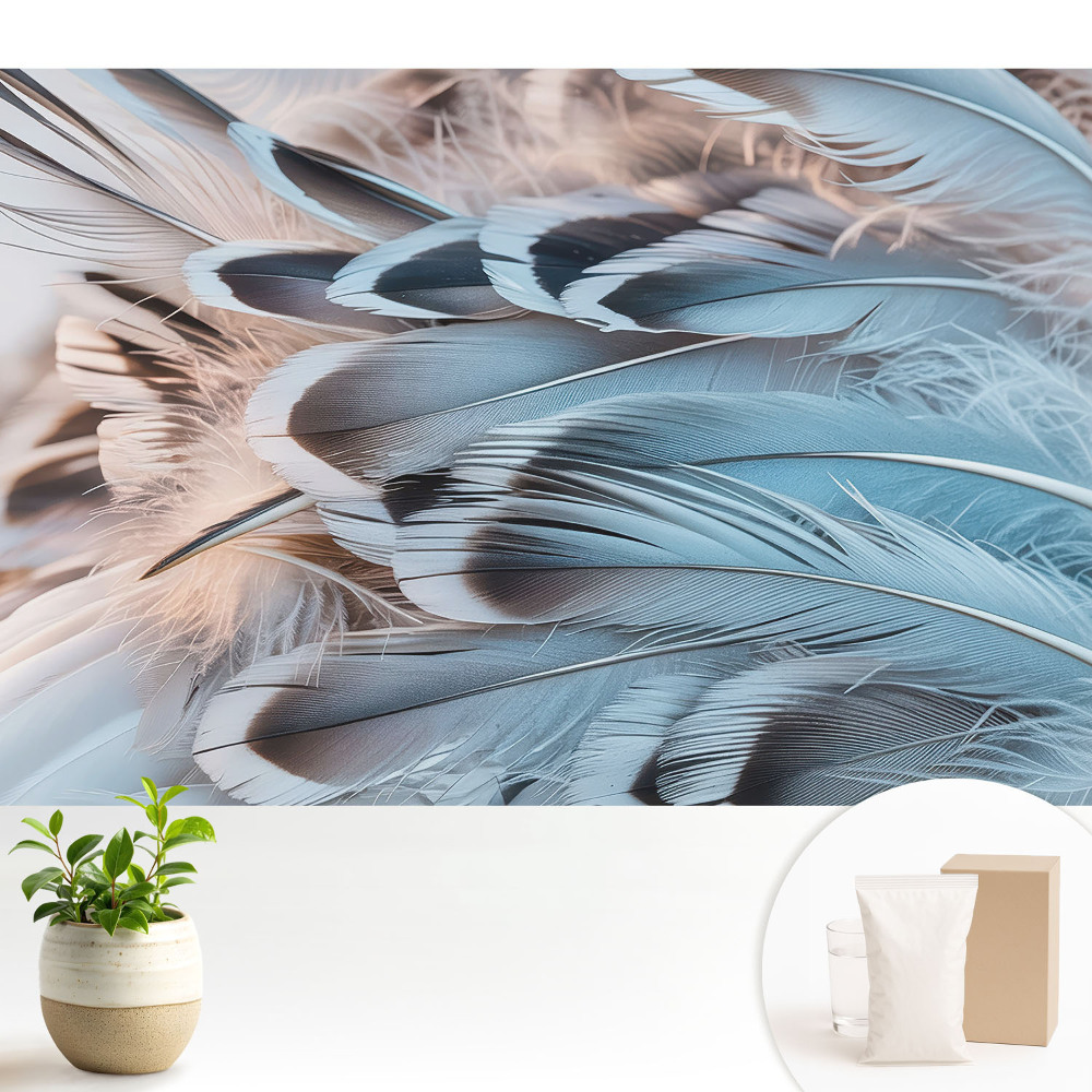 Tapeta na zeď s motivem modrého peří a harmonickými vzory