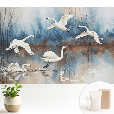 Samolepící tapeta Labutě na jezeře v mlhavém lese
