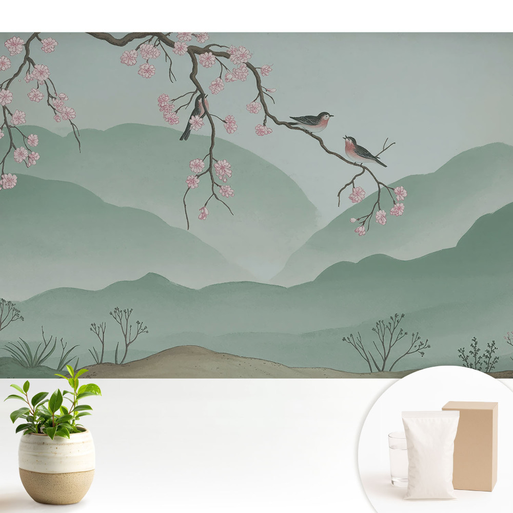 Samolepicí tapeta s motivem květin a ptáků proti horskému pozadí