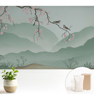 Samolepící tapeta Květiny a ptáci proti kopcům