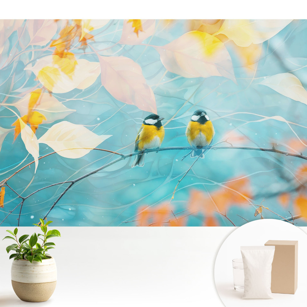 Tapeta s motivem ptáků na větvi a listnatými akcenty