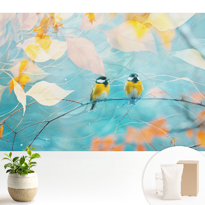 Tapeta s motivem ptáků na větvi a listnatými akcenty