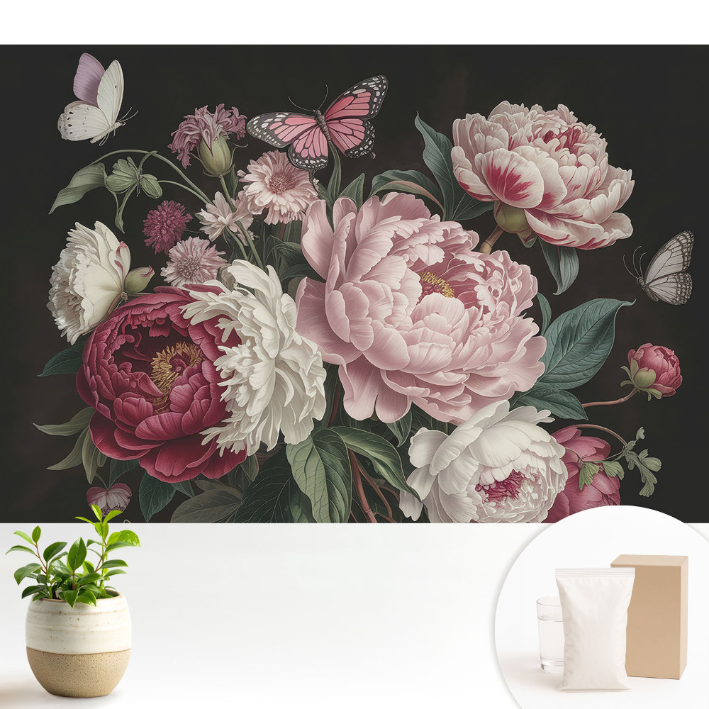 Tapeta do obýváku s motivem romantických pivoněk a motýlů