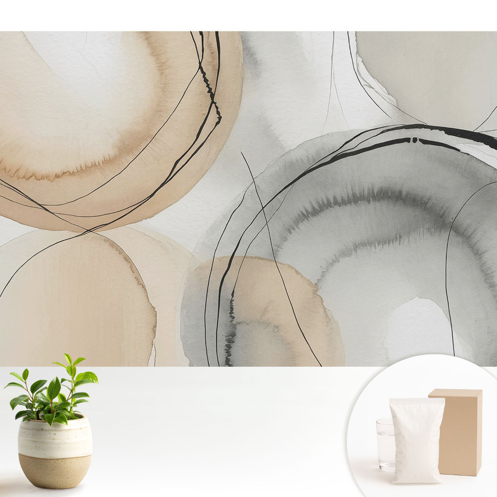 Tapeta s abstraktními kruhy v béžových a šedých odstínech