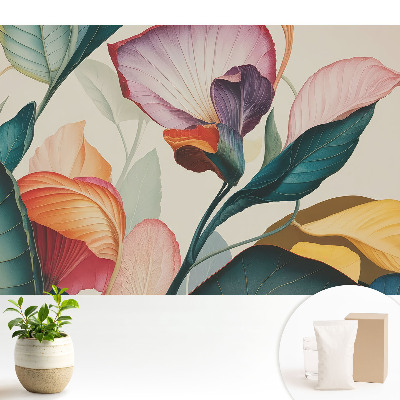 Tapeta do obývacího pokoje s barevnou květinovou kompozicí listů a květů